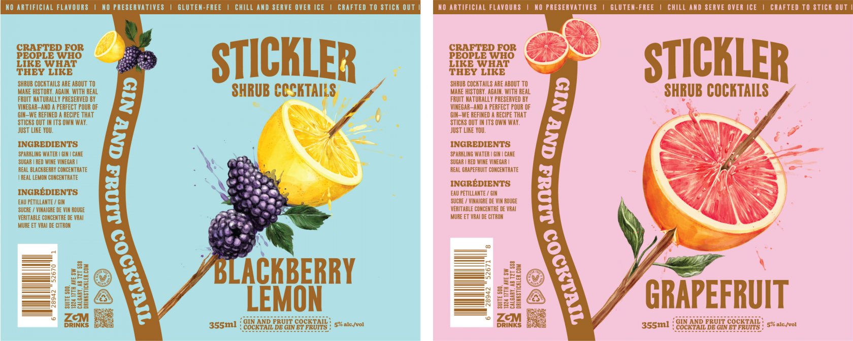 The designs for the blackberry lemon and grapefruit Stickler cans before putting on the can.