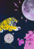 a tiger jumping over a disco ball balloon and a pink flamingo cuckoo clock